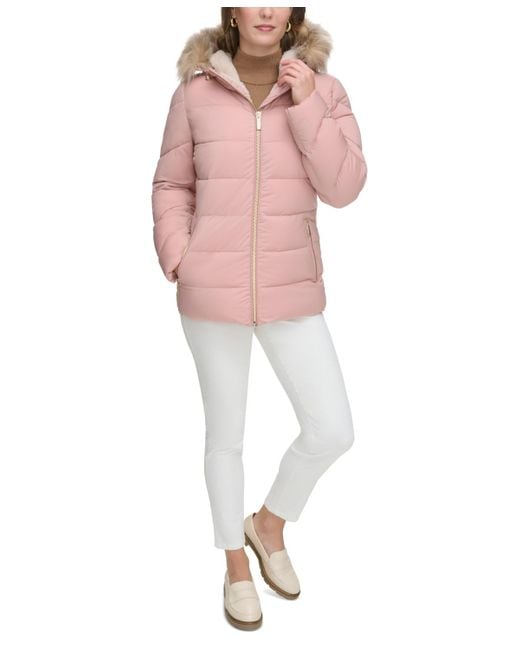 Calvin Klein Pink Stretch Faux-fur-trim Hooded Puffer Coat