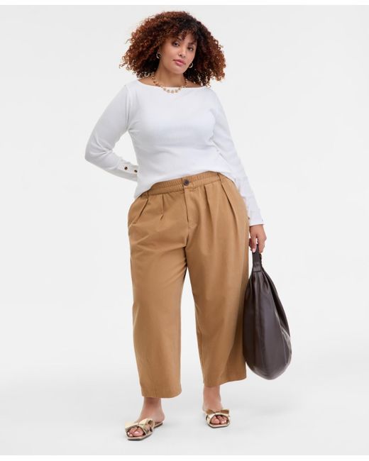 On 34th White Trendy Plus Size Button-cuff Boatneck Top