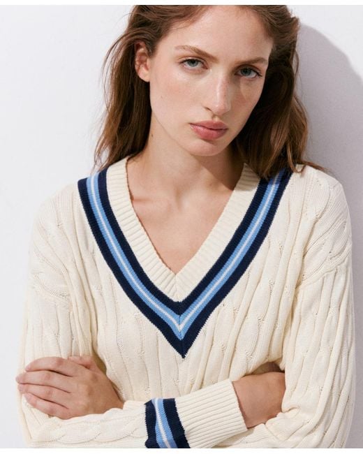 Mango White Cable-knit V-neck Sweater