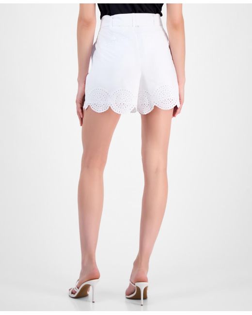 INC International Concepts Blue Cotton Scalloped High-rise Belted Shorts