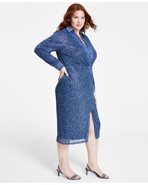 Michael Kors Blue Michael Plus Size Twist-front Collared Shirt Dress