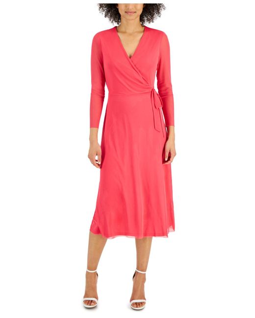 Anne Klein Red Faux-wrap Mesh-sleeve Midi Dress