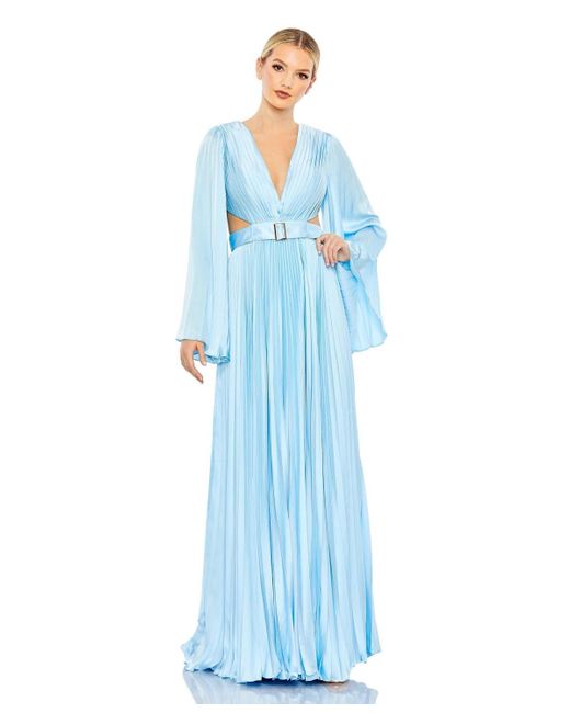 Mac Duggal Blue Long Sleeve Lace Up Back Charmeuse Gown