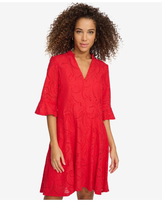 Kensie Red Cotton Eyelet Bell-sleeve High-low Dress