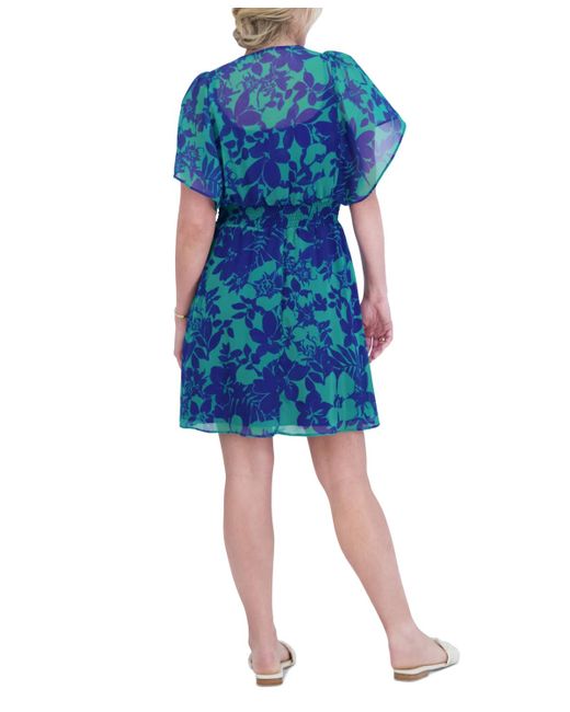 Jessica Howard Blue Petite Printed V-neck Short-sleeve Dress