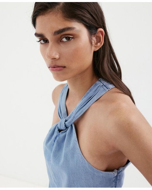 Mango Blue Crossed-strap Denim Top