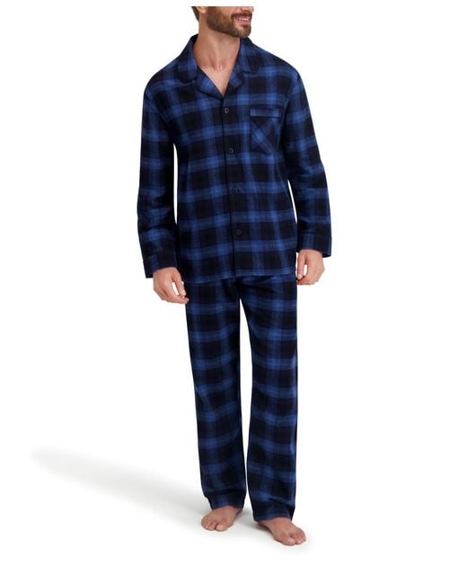 Hanes Blue Flannel Button Down Pajama Sleep Set for men