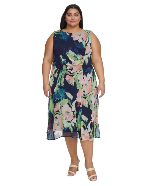 DKNY Plus Size Printed Side-ruched Sleeveless Chiffon Dress in Blue | Lyst