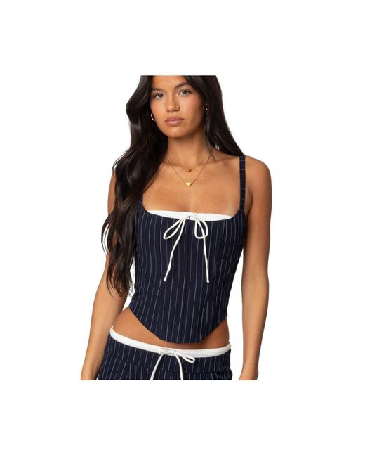 Edikted Blue Pinstripe Peekaboo Drawstring Corset
