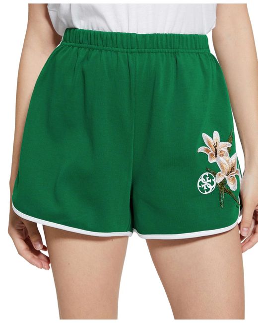 Guess Green Zoey Floral-patchwork Pull-on Shorts