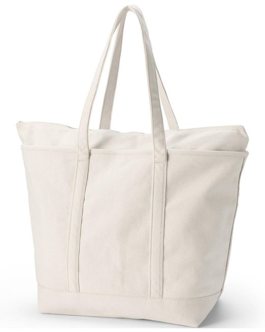 Lands' End Natural Extra Large 5 Pocket Zip Top Long Handle Canvas Tote Bag