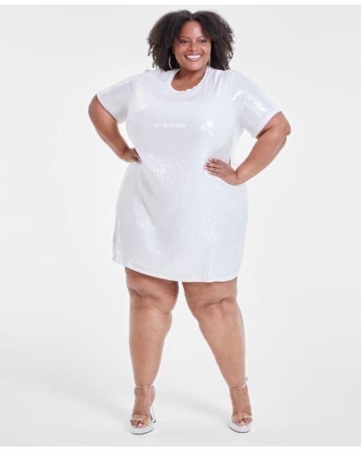 Nina Parker White Trendy Plus Size Printed Short-sleeve Sequin Dress