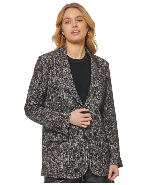 DKNY Synthetic Button Front Tailored Jacket in Black Ivory Combo (Gray ...
