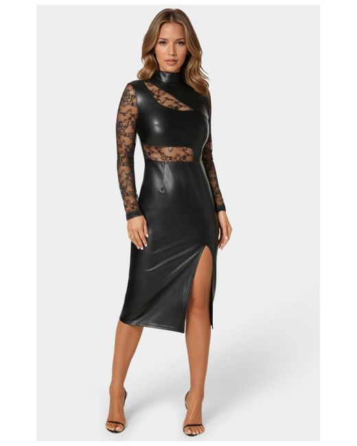 Bebe Black Faux Leather Lace Illusion Midi Dress