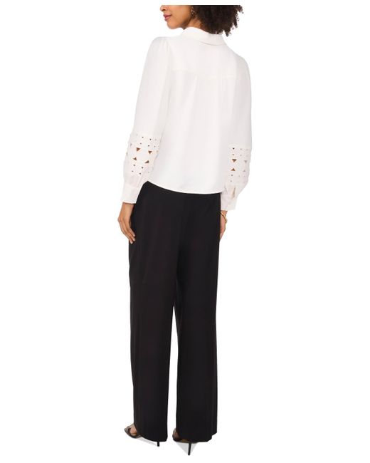 Vince Camuto White Embroidered-inset Blouson-sleeve Button-front Top