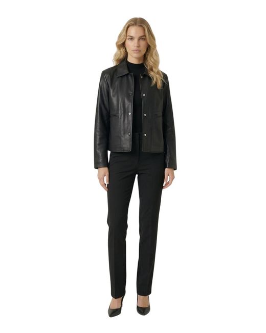 Modenaire Black Leather Button-front Collared Jacket