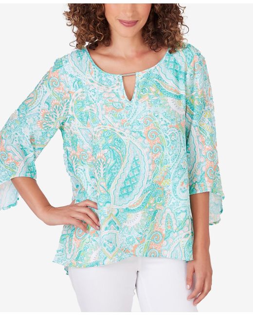 Ruby Rd Blue Petite Knit Turkish Paisley Top