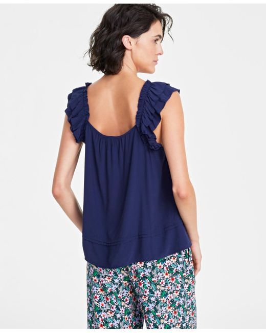 On 34th Blue Printed Ruffle-strap Swingy Tank