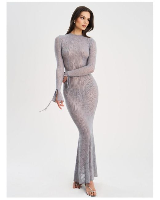 Miss Circle White Waylynn Gray Animal Print Burnout Velvet Detail Mesh Backless Maxi Dress