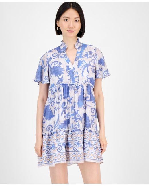 Sandra Darren Blue Printed Short-sleeve Shift Dress