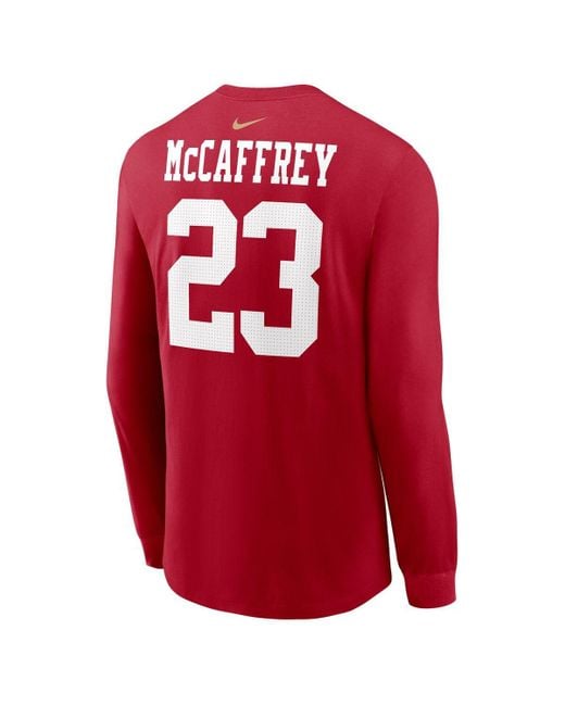 Nike Red Christian Mccaffrey San Francisco 49ers Super Bowl Lviii Patch Player Name And Number Long Sleeve T-shirt for men