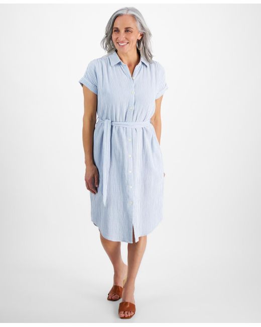 Style & Co. Blue Petite Striped Cotton Camp Shirt Dress