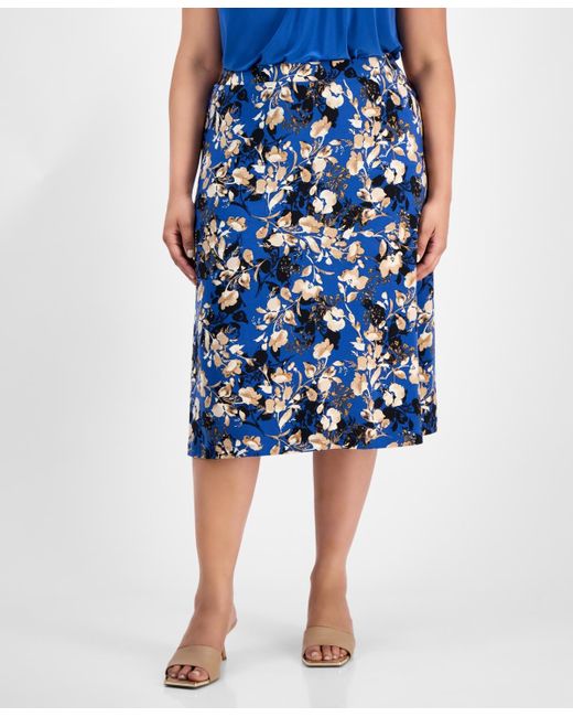 Kasper Blue Plus Size Floral-print Midi Skirt