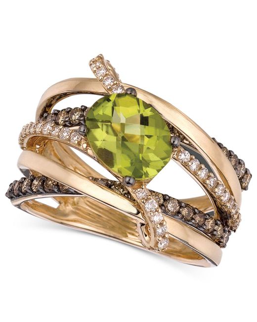 Le Vian Green Peridot 134 Ct Tw and Chocolate and White Diamond 78 Ct Tw Gladiator Ring in 14k Gold
