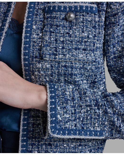 BCBGMAXAZRIA Blue Shoulder Padding Open Front Tweed Jacket
