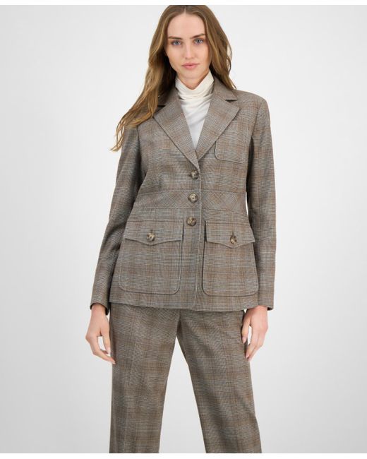 Anne Klein Brown Check-print Peak-lapel Three-pocket Jacket