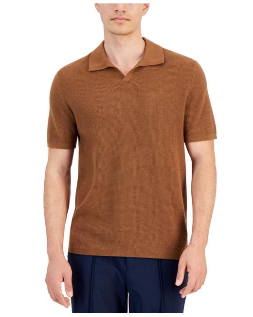 Alfani Brown Textured Waffle-knit Short Sleeve Open Collar Polo Sweater for men