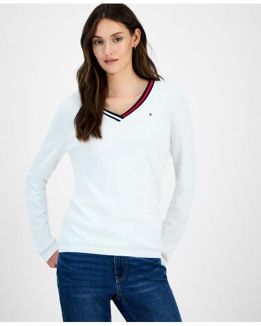 Tommy Hilfiger White Cotton V-neck Sweater