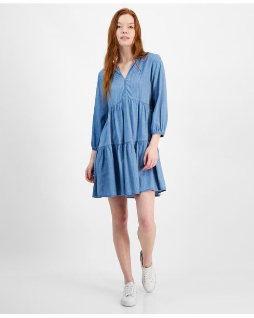 Tommy Hilfiger Blue Split-neck Tiered Mini Dress