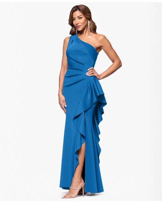 Xscape Blue Ruffled One-shoulder Scuba Gown