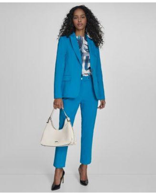 Calvin Klein Blue One Button Blazer Printed Cap Sleeve Blouse Slim Leg Pants