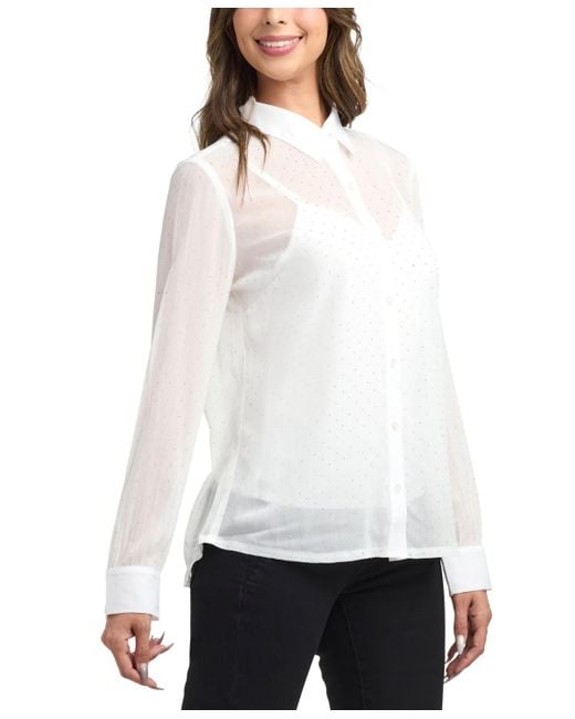 Bcx White Studded Chiffon Long Sleeves Shirt