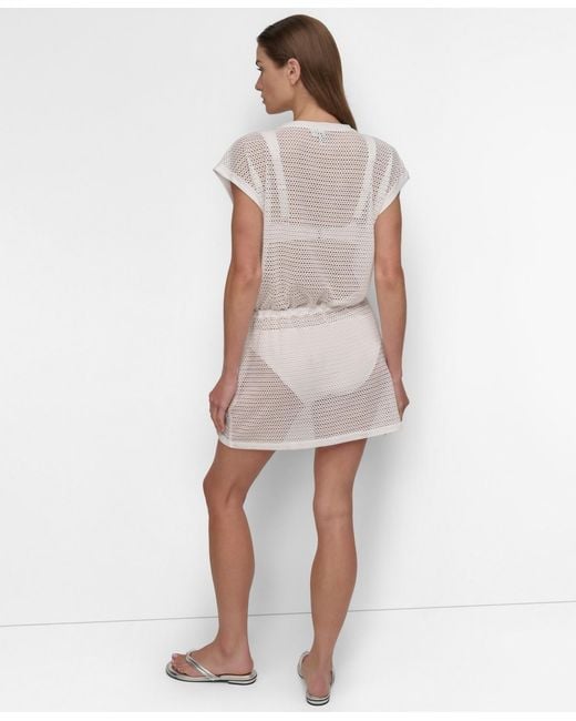 DKNY White Mesh Drawstring Tunic Swim Cover-up