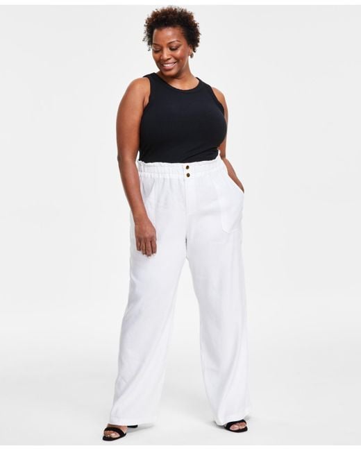 INC International Concepts White Plus Size Linen-blend Wide-leg Pants