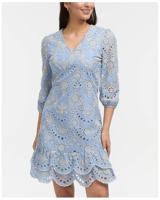 Ellen Tracy Embroidered Eyelet V-neck Dress in Blue | Lyst Ellen Tracy Embroidered Eyelet V-neck Dress in Blue | Lyst