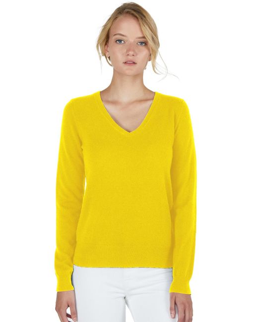 Jennie Liu Yellow 100% Pure Cashmere Long Sleeve Pullover V Neck Sweater