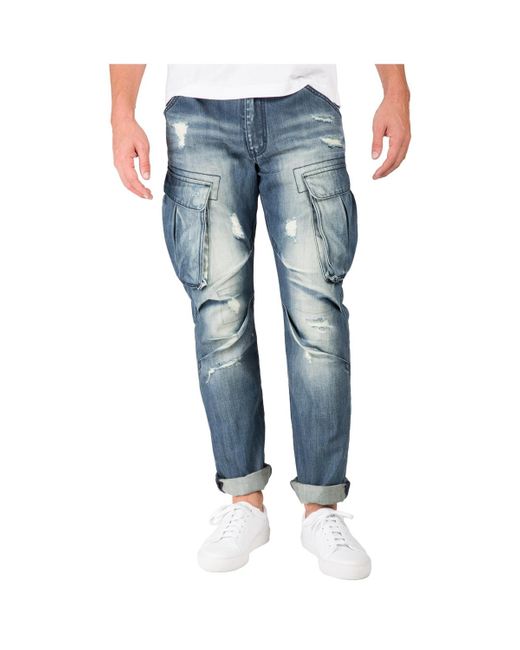 Level 7 Blue Premium Jeans Slim Straight Intense Blast Distressed Cargo Pocket for men