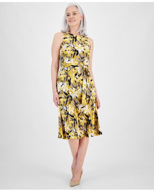 Kasper Yellow Floral-print Fit & Flare Dress