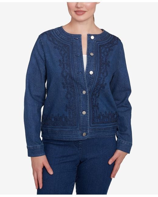 Ruby Rd Blue Petite Dark Stretch Denim Embroidered Jacket