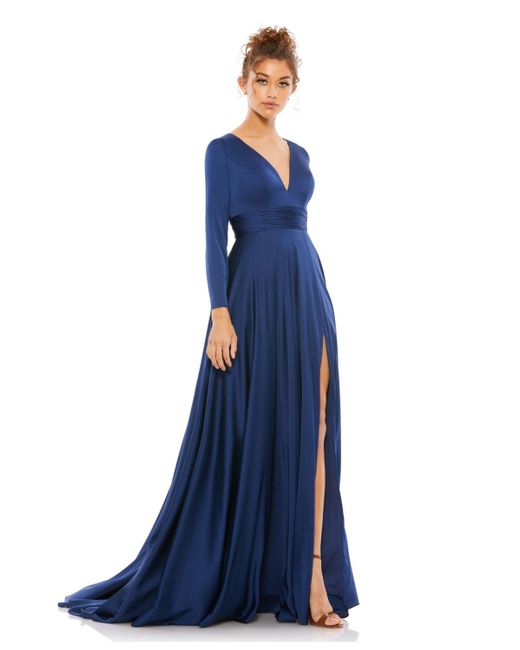 Mac Duggal Blue Ieena Long Sleeve Ruched Waist A-line Gown