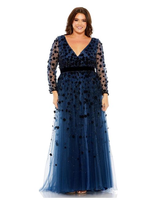 Mac Duggal Blue Plus Size Floral Applique Long Sleeve A Line Gown