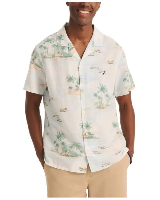 Nautica White Tropical Print Short Sleeve Button-front Camp Shirt for men