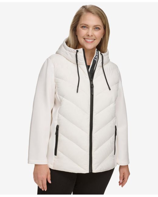 DKNY White Plus Size Hooded Scuba Packable Puffer Coat