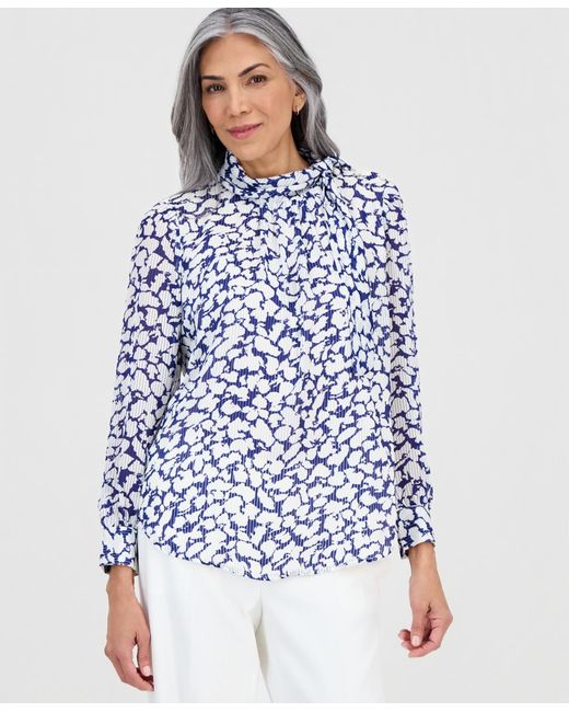 Kasper Blue Printed High-tie-neck Long-sleeve Blouse