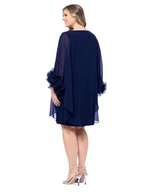 Xscape Blue Plus Size Ruffle-cuff Batwing-sleeve Dress