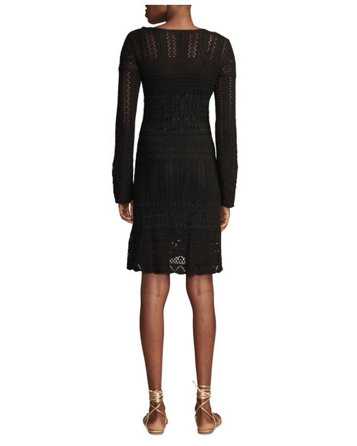 Lucky Brand Black Festival Cotton Long-sleeve Lace-up Crochet Dress